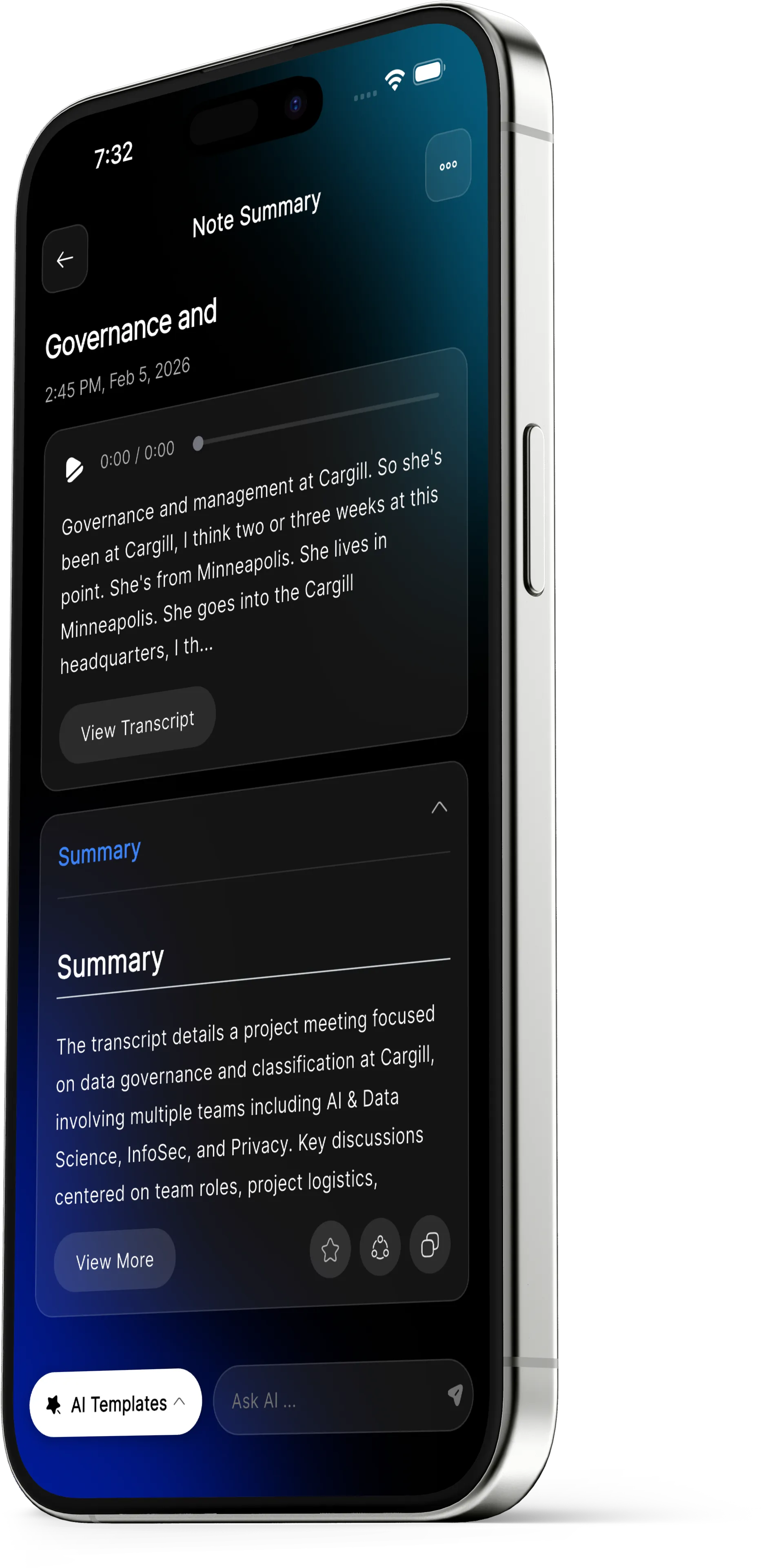RabbitNotes AI summary screen showing meeting insights